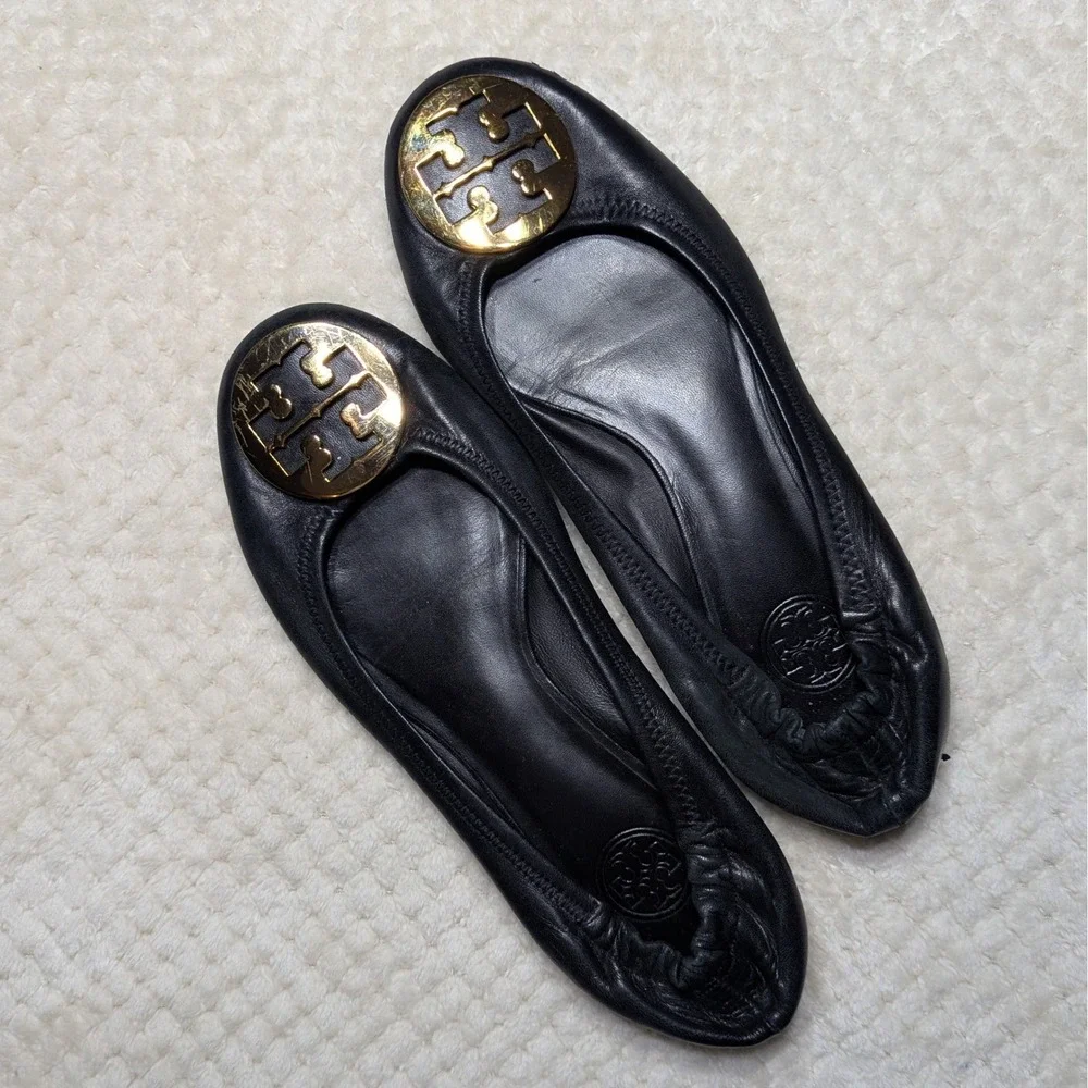 Tory Burch Minnie Travel Ballet Flats Black Nappa Leather Gold Logo Quiet Luxury